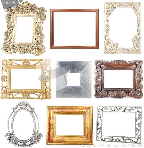 Image of Collection of wooden and metallic frames on white