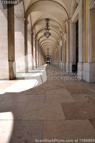 Image of Commerce square arcades in Lisbon