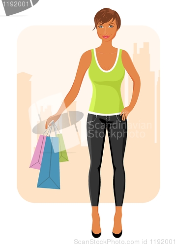 Image of girl with purchases goes around city