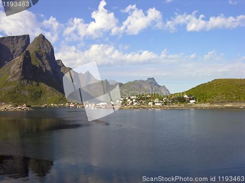 Image of Norway village in Lofoten bay landscape