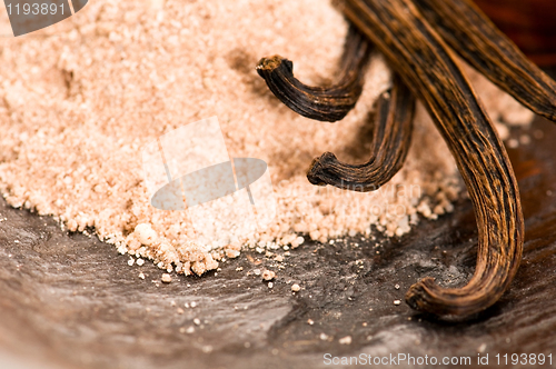 Image of Vanilla With Bottle Of Essential Oil And Powder- Beauty Treatmen