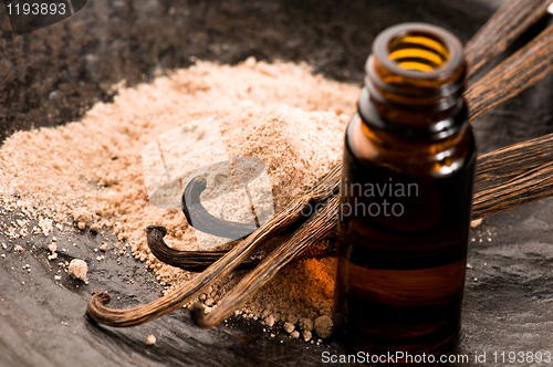 Image of Vanilla With Bottle Of Essential Oil And Powder- Beauty Treatmen