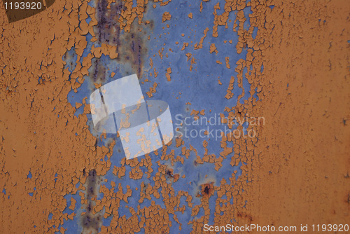 Image of Rusty scratched metal yellow and blue peeled texture