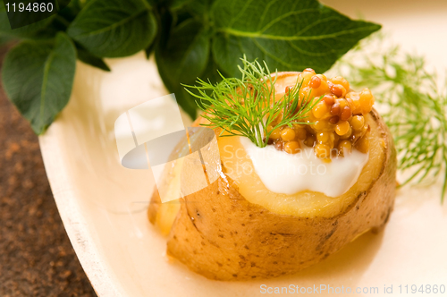 Image of Baked potato with sour cream, grain Dijon mustard and herbs