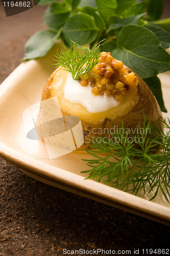 Image of Baked potato with sour cream, grain Dijon mustard and herbs