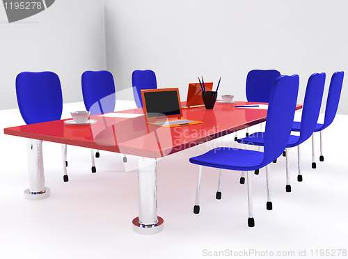 Image of Conference room with red desk and chairs