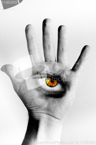 Image of Hand with eye isolated on white background