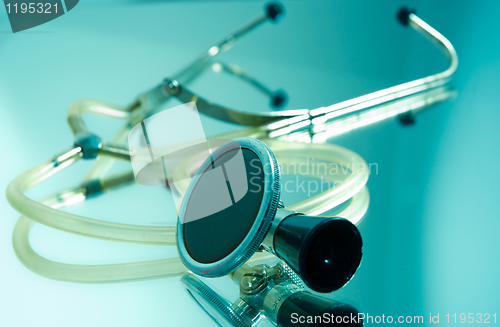 Image of Beautiful stethoscope with soft shadows on steel