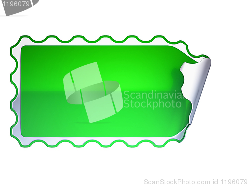 Image of Green jagged label or sticker on white