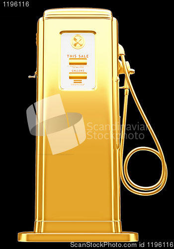 Image of Costly fuel: golden gas pump isolated on black