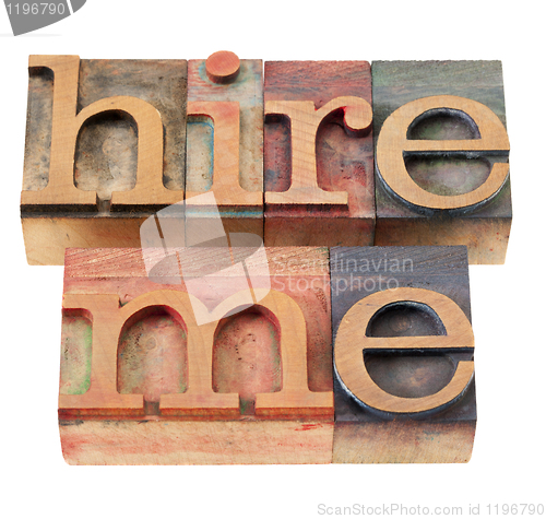 Image of hire me in letterpress type