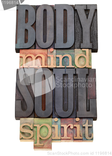 Image of body, mind, soul, spirit  in letterpress type