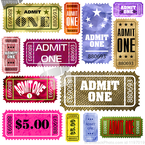 Image of Set of vintage and modern ticket admit one. EPS 8