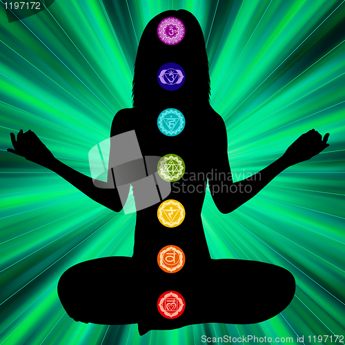 Image of Woman silhouette with chakras on here body. EPS8