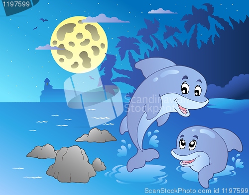 Image of Night seascape with happy dolphins