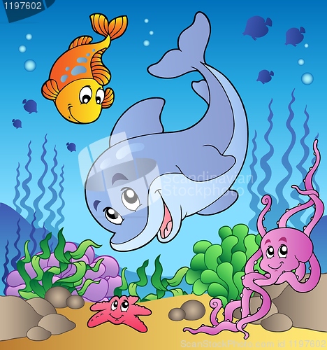 Image of Various cute animals at sea bottom