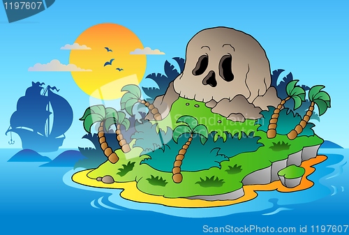 Image of Pirate skull island with ship