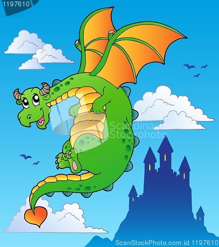 Image of Flying fairy tale dragon near castle