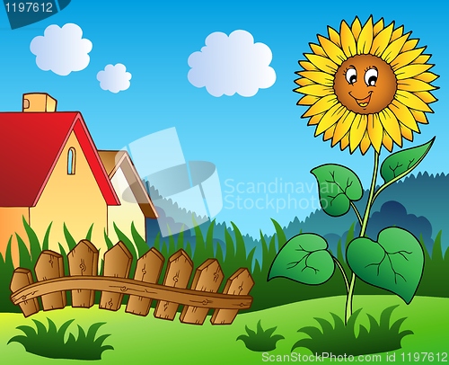 Image of Meadow with cartoon sunflower
