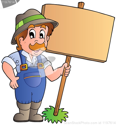 Image of Cartoon farmer holding wooden board