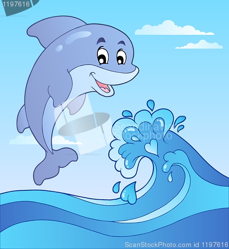 Image of Jumping dolphin with cartoon wave 1