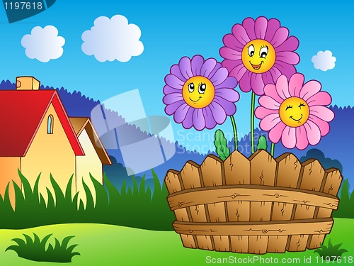 Image of Meadow with daisies and fence