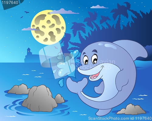Image of Night seascape with jumping dolphin