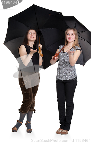 Image of Two girls are hiding from the rain under an umbrella