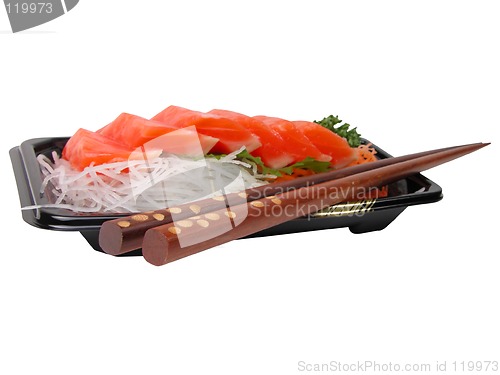 Image of Salmon sashimi and chopsticks