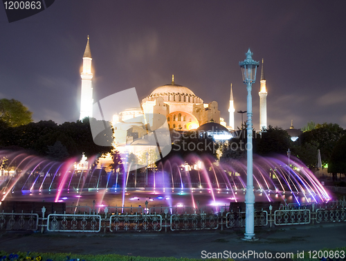 Image of Hagia Sophia mosque museum fountain night scene Istanbul Turkey