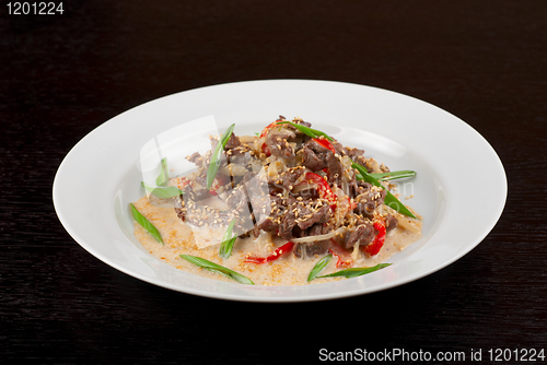 Image of sliced beef roasted with vegetables