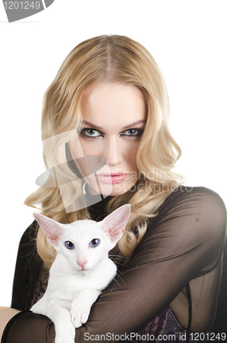 Image of woman with oriental shorthair cat