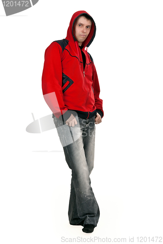 Image of man in a red sweater with a hood