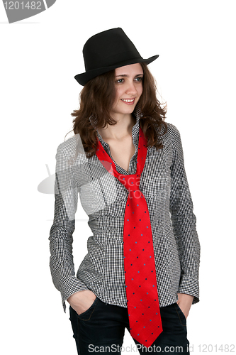 Image of girl in a hat and a red tie