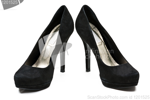 Image of pair of black suede women's high heel shoes
