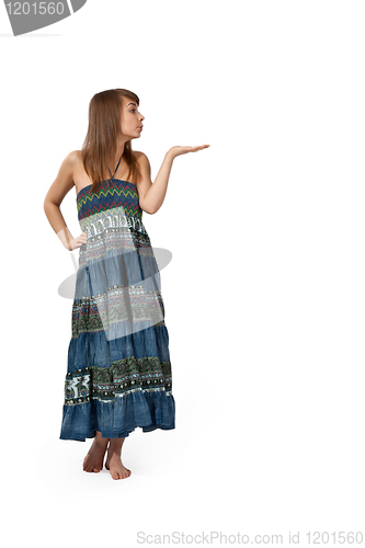 Image of beautiful girl in jeans sarafan