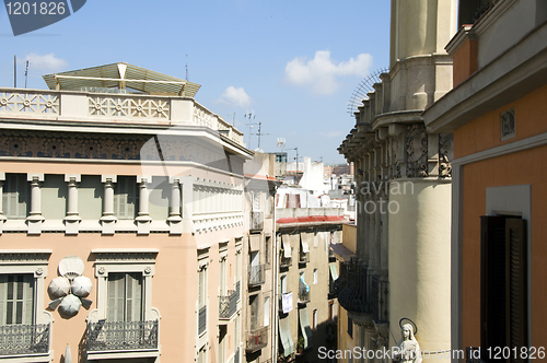 Image of rooftop architecture Gothic La Rambla district Barcelona Spain