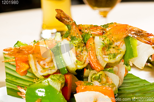 Image of shrimps and vegetables skewers