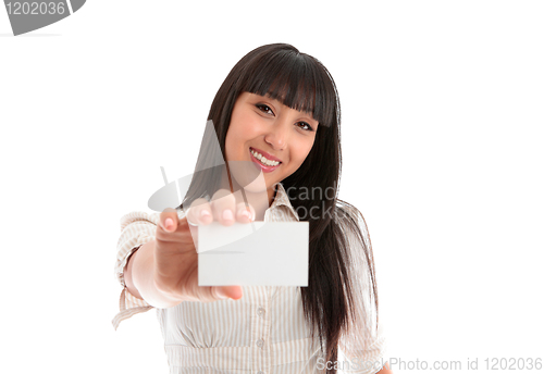 Image of Pretty smiling woman with business or id card