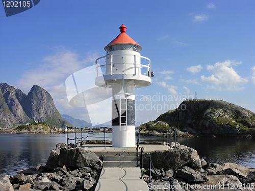 Image of Red and white Lofoten lighthouse