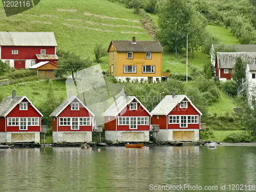 Image of red houses on Fjord river