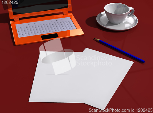 Image of Desk with papers, laptop, pencil and cup