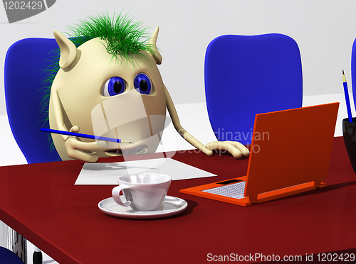 Image of Puppet sitting behind red desk on chair