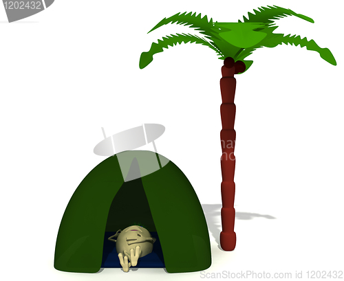 Image of Puppet rest under green tent near palm