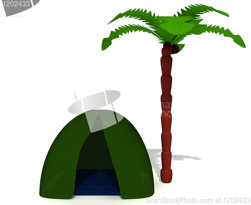 Image of Green tent near high palm without puppet