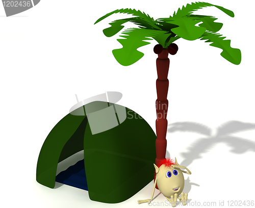 Image of Puppet sitting near green tent under palm