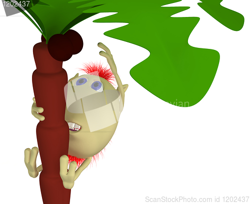 Image of Puppet clims on high palm after coconut