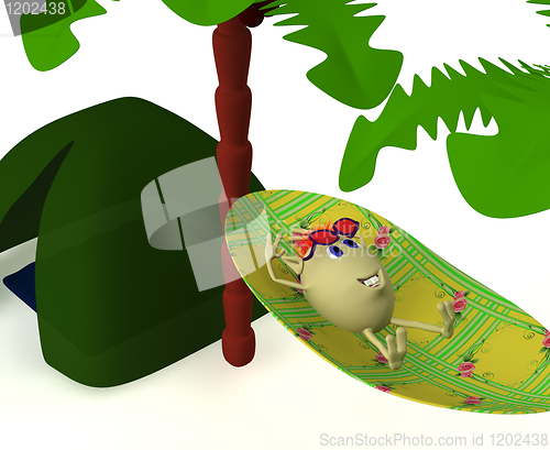 Image of Puppet resting near green tent under palm