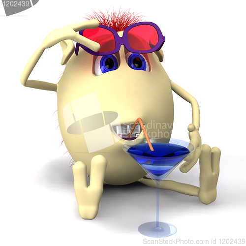 Image of Puppet drinking blue colored cocktail by straw