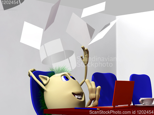 Image of Puppet throwing papers to air over itself